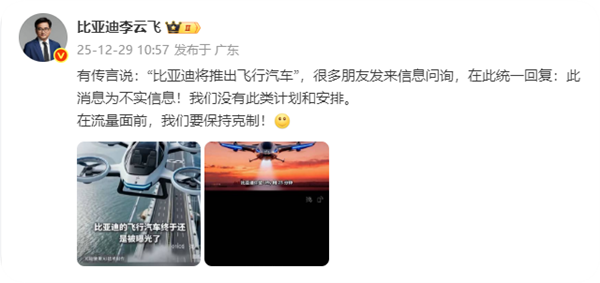 比亚迪辟谣将推出飞行汽车：不实信息 在流量面前 要保持克制